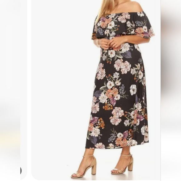 Vibe Dresses & Skirts - Vibe Sportswear Black Floral Print Dress Off The Shoulder Maxi Dress